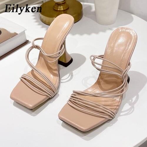 Eilyken 2021 New Fashion Vintage Square toe Slippers Summer Women Strange High heels Sandals Concise Narrow Band Ladies Shoes