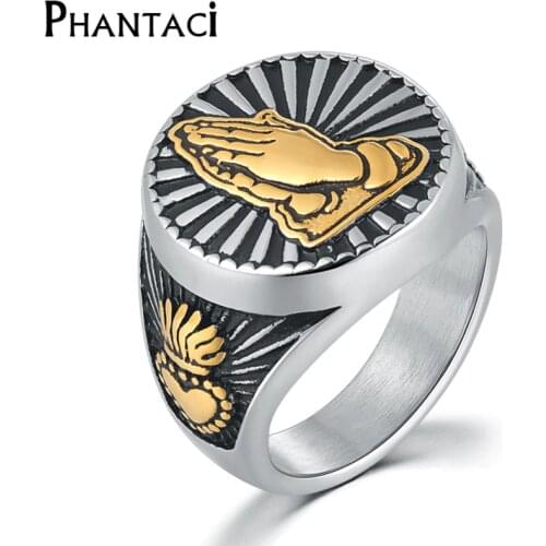 Faith Pary Stainless Steel Ring Men Vintage Black Gold Silver Color Male Hiphop Rock Man Rings Big Retro Punk Religious Jewelry