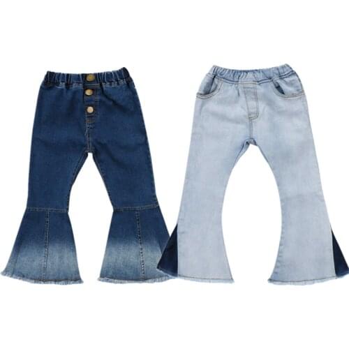 2018 New Toddler Infant Child Kids Baby Girls Denim Bell-Bottom Long Pants Hit Color Wide Leg Jeans Trousers 2-7T