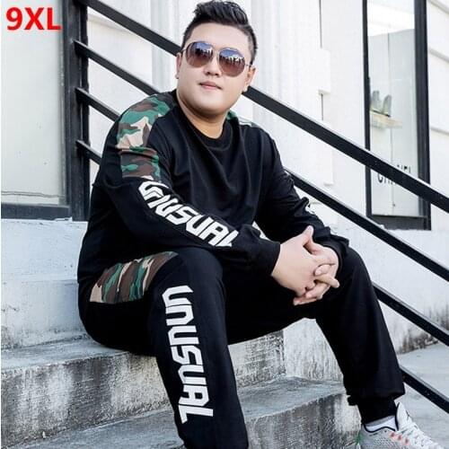 Spring and Autumn training suit mens large size two-piece sports running clothes elastic plus size tide sports suit 8XL 7XL