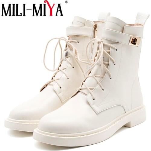 MILI-MIYA Classic Style Women Genuine Leather Round Toe Lace-Up Zipper Autumn Winter Thick Sole Solid Handmade Daily Life Shoes