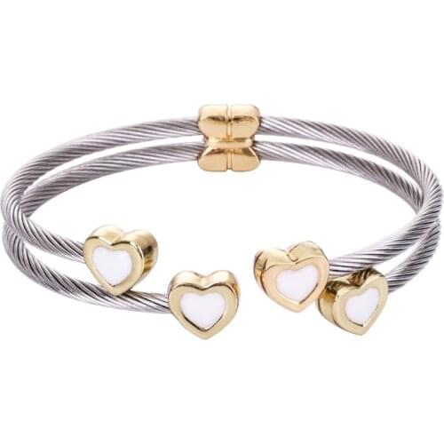Chran Classic Heart Design Silver Plated Elastic 2 Rows Stainless Steel Cable Bangle Bracelets for Women