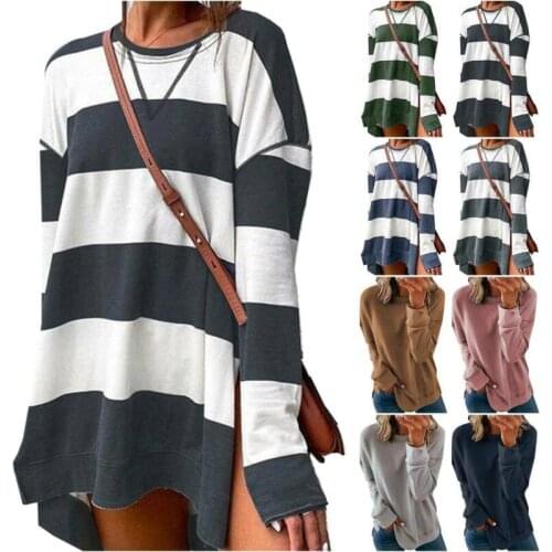 Fall Ladies Splicing Striped Pullover Long Sleeve Side Split Sweatshirts Casual All-Match Jumper Tops 2021 New Hot