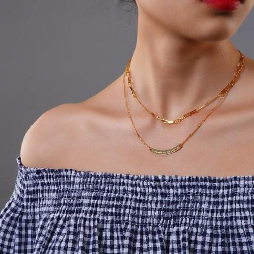 FANSHIDI Stainless Steel Double Layered Necklace For Women Statement 18K Plated Gold Letter Geometry Pendant Jewelry
