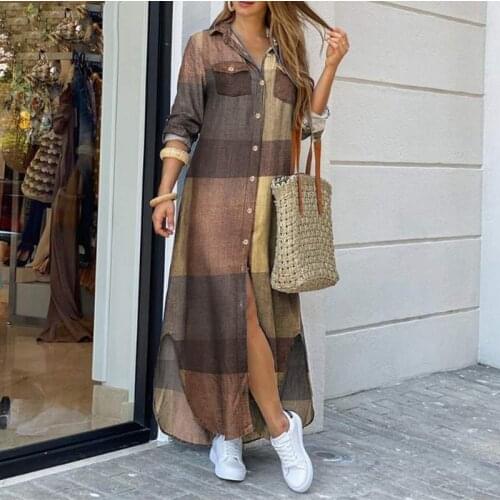 Office Lady Turn-Down Collar Shirt Dress Summer Button Split Print Women Long Dress Casual Three Quarter Sleeve Maxi Party Dress