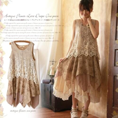 Japanese Mori Girl Sweet Lolita Dres Women Summer Sleeveless Lace Patchwork Floral Embroidery Harajuku Lovely Cute Tank Dresses
