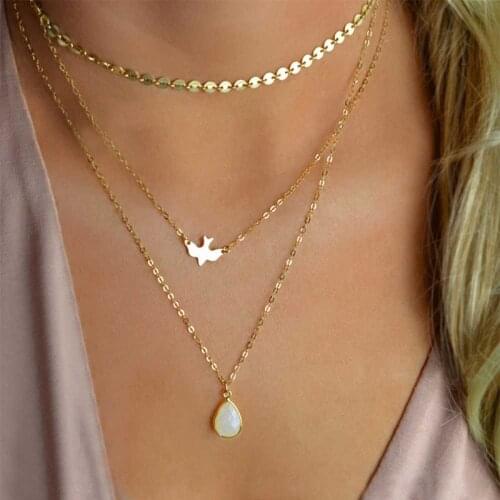 Bohemia Gold Color Peace Dove Soar Flying 3 Layers Sequins Chain Crystal Water Drop Pendant Multilayer Necklace Female