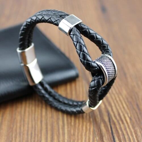 2021 new European and American trend woven leather rope cylinder connector bracelet for men