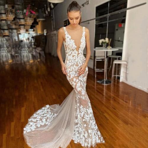 Alagirls Sexy Lace Mermaid Wedding Dress 2021 V-Neck Backless Court Train Transparent Custom Made Bridal Gown vestido de noiva