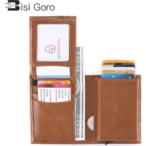 BISI GORO 2021 Multi-Functional Coin Purse Wallet For Men Vintage Credit Card Holder Crazy Horse Handmade Leather Men Wallets