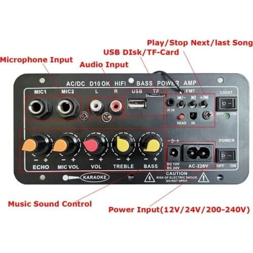 AC 220V 12v 24v Digital Bluetooth Stereo Amplifie Digital Bluetooth Stereo Amplifier Board Subwoofer Dual Microphone For Speaker