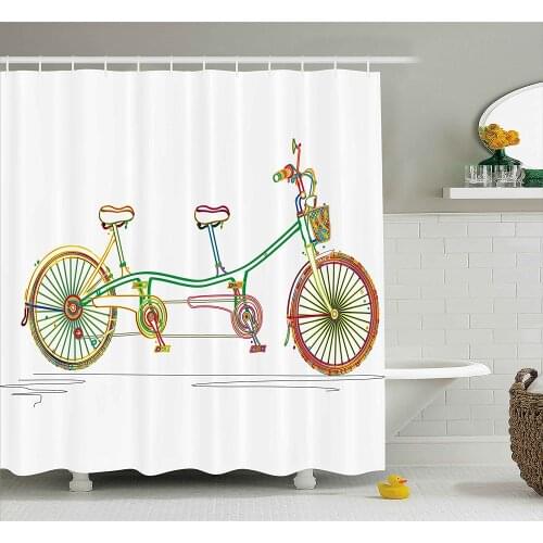 Decorative Shower Curtain Colorful Tandem Bicycle on White Background Clipart Style Print Bath Curtains For Bathroom Bathtub