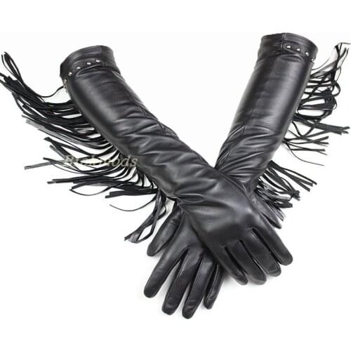New Women Fashion Long Leather Gloves Plus Velvet Autumn And Winter Keep Warm Elbow Dancing Gloves Black Sheepskin