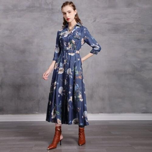 Autumn Cotton Womens Denim Dress 2020 Vintage Turn-down Collar Belted Floral Print Dress Unique Girls Vestido Q82265