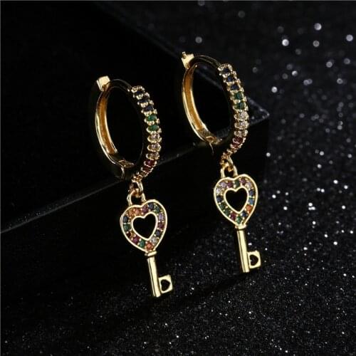 Charm Rainbow Copper Zircon Drop Earrings Fashion Heart Key Shape Pendant Earrings Crystal Jewelry Best Birthday Gifts For Women