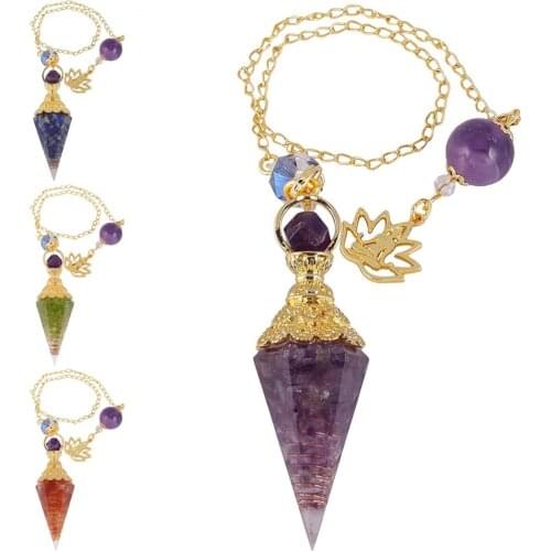 SUNYIK Natural Gem Stone Spiral Point Hexagonal Pendulum for Dowsing Gold Color Chain Resin Pendant Reiki Crystal Amulet Jewelry