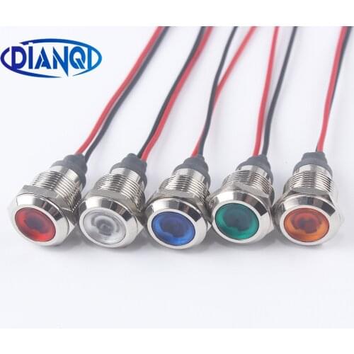 12mm LED Metal Indicator light waterproof Signal lamp with wire red yellow blue green white 3V 5V 6V 12V 24V 220V 110V