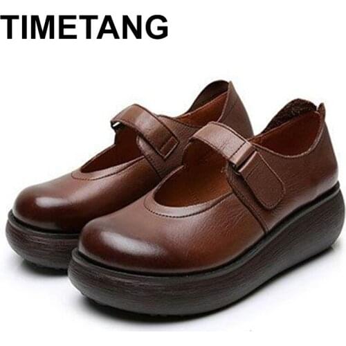 TIMETANGHandmade Womens PlatformShoes For Women Genuine Leather Footwear Woman Vintage Soft Comfort Wedges Breathable PumpsE807