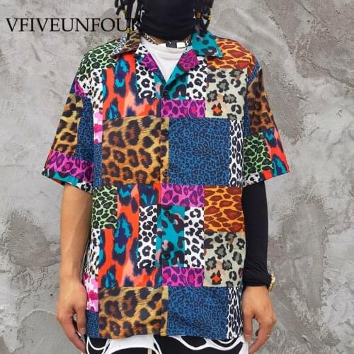 VFIVE UNFOUR Vintage Hawaiian Beach Shirts Streetwear Hip Hop Leopard Print Color Block Short Sleeve Shirt Summer Button Tops