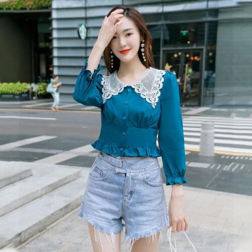 Women Blouse Autumn Lace Lace Collar Doll Collar Ruffled Short Long Sleeve Spring Autumn Blusas Ropa De Mujer
