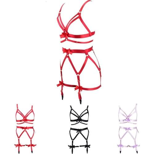 HANAERNES Womens Full Cage Body Suspender Lingerie Garter Festive Costume Crop Top Bra Gothic Strap Tricolor Flower Decoration
