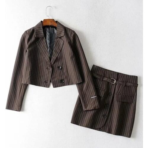 Student Slim Blazer Suit Two Piece Set Women Casual Commute Blazer Preppy Style Mini Skirts Set Single Breasted Striped Blazer