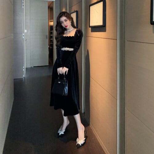 2021 Autumn Hepburn Retro Dignified Temperament Goddess Elegant Velvet Mid-Length Dress
