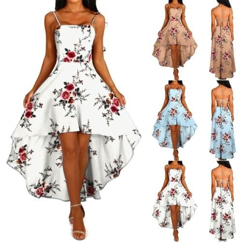 Bohemian Floral Print Women Dress Nice Summer Sleeveless Strap Beach Dresss Loose Swing Irregular Tuxed Party Dress Vestidos