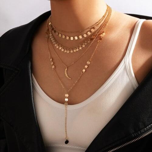 HuangTang Vintage Multilayer Moon Pendant Necklace for Women Boho Litter Star Sequins Tassel Clavicle Chain Trendy Jewelry 17086