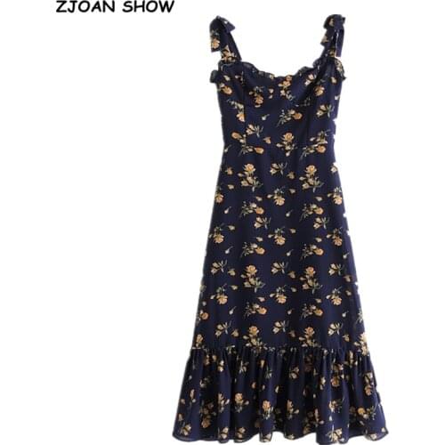 Vintage French Floral Print Bandage Spaghetti Strap Ruffles Hem Midi Dress Retro Women Tie Bow Sling Dresses Holiday