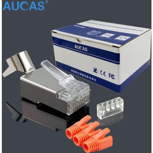 10/50pcs Aucas CAT7 RJ45 plug shield FTP 8P8C Network Crimp Connector 1.45mmgold-plated network terminals with boots protector