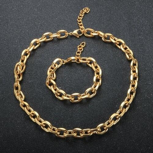 Luxury Hip Hop Heavy Link Chain Choker Necklace Gold Plated Thick Chain Bracelet For Women Men Fashion Jewelry Set