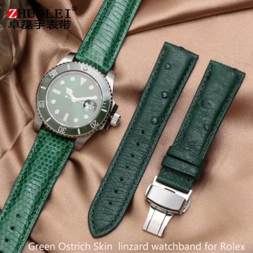 Green Lizard Leather Watch with Rare Ostrich Skin for Rolex Green Water Ghost 20mm Butterfly Button for Mens Watch
