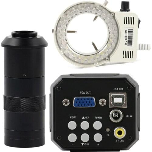 Free Shipping 2.0MP VGA/AV/USB 3 In 1 Outputs HD Digital Video Industrial Microscope Camera+100X Zoom C-mount Lens+56 LED Light