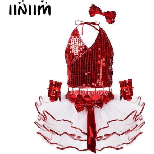 Kids Girls Jazz Modern Dance Wear Costume Sparkly Sequins Crop Top with Tutu Dress Wrist Sleeves Hair Clip Competition Dancewear