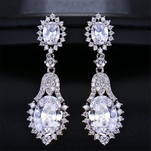 Ekopdee Vintage Classic Wedding Jewelry For Women Luxury Crystal Water Drop Long Earrings Female Bling Big Zircon Earring 2021