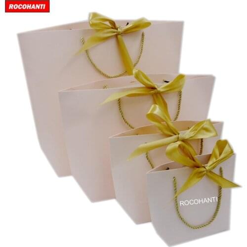 50X Elegant Customized Brand Logo Luxury Paper Shopping Bag Pink Gift Bags With Bowknot 3 Strands Twisted Rope Handle