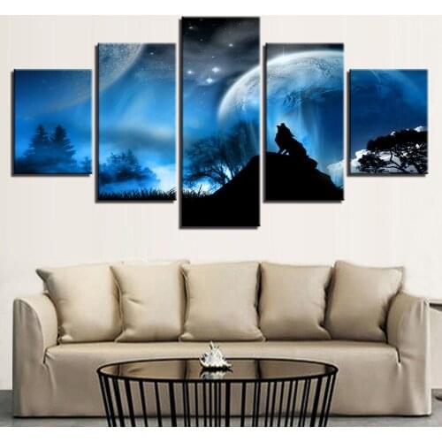 Canvas Print Wall Art Painting 5piece pictures of Wolf Moon Darkness Calming Black Fantasy Ultra Paintings For Living Room Decor