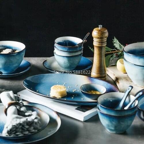 Nordic Ceramic Rice Noodle Soup Bowl Fish Dish Flat Plate Gradient Blue Dinnerware