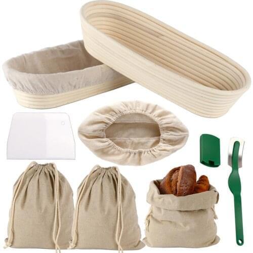 30cm Oval Bread Proofing Basket Bannetons Proving Basket Pack 2 w/Cloth Cover Storage Bags Bread Scraper Bread Baking Mold Tools