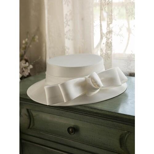 Vintage White Satin Flat Fedoras Women Large Bow Fascinator Hat Headwear Bride 2021 Elegant Ladies Tea Party Formal Wedding Hat