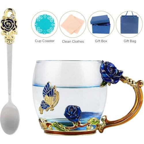 Blue Rose Carving,Enamel Color, Luo Poetry Tea Cup, Crystal Heat-resistant Creative Gifts for Wedding Party Birthday Gift