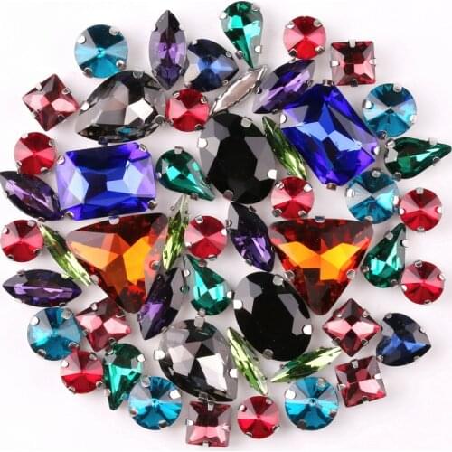 Silver claw setting 50pcs/bag shapes mix Dark colors glass crystal sew on rhinestone wedding dress shoes bag diy trim