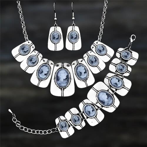 Vintage Oval Lady Queen Cameo Set For Women Antique Silver Plated Oblong Fashion Cameo Necklace Bracelet Earring Jewerly Set