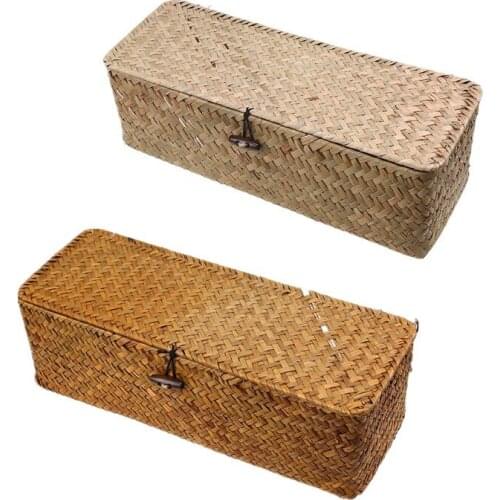 2 Colors Woven Storage Basket with Lid Rattan Sundries Storage Box Makeup Organizer Handmade Wicker Laundry Clothing Baskets