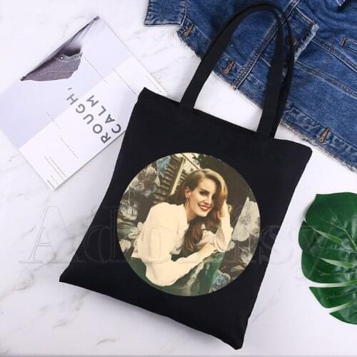 Lana Del Rey Women Foldable Canvas Shoulder Bag Canvas Tote Eco Shopping Bag Canvas Tote Bag Casual HandBag Daily Use Black