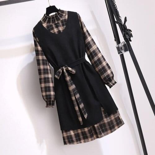 Spring Autumn Women Sets Knitted 2 Piece Set Knit Sweater Vest + Lady Plaid Dress Suit Womens Outfits Plus Size 6XL X130