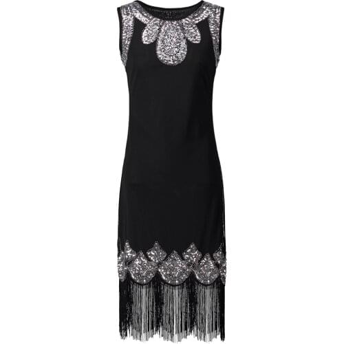 Stretchy Little Black Dress Womens 1920s Vintage Fringe Embellished Sequin Beaded Flapper Dress Gatsby Tunic Top Shift Dress