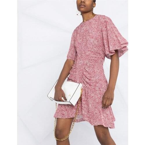 Womens Mini Dress Dot Asymmetry Pleated O-neck 2021 New Summer Short Sleeve Female Robes