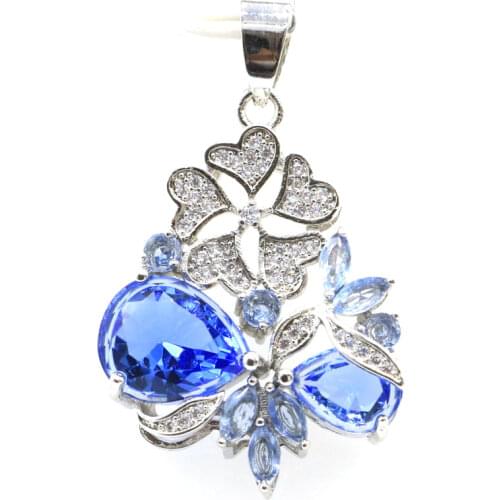 37x17mm Pretty Drop Shape Created Rich Blue Violet Tanzanite CZ Gift For Ladies Sliver Pendant